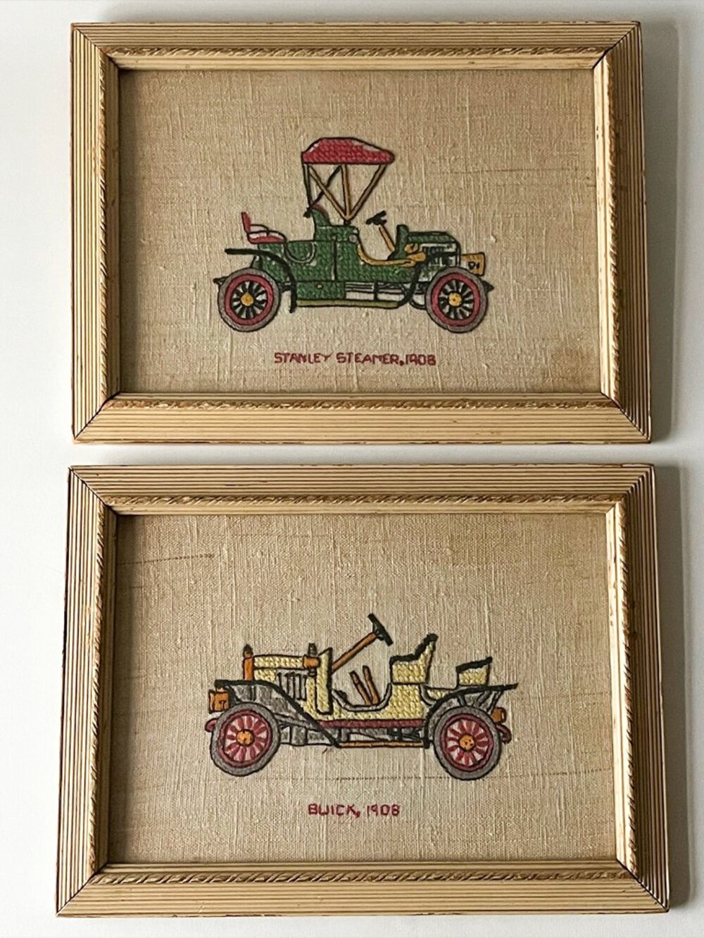 Vintage Needlepoint Stanley Steamer 1908 and Buick 1908 Framed